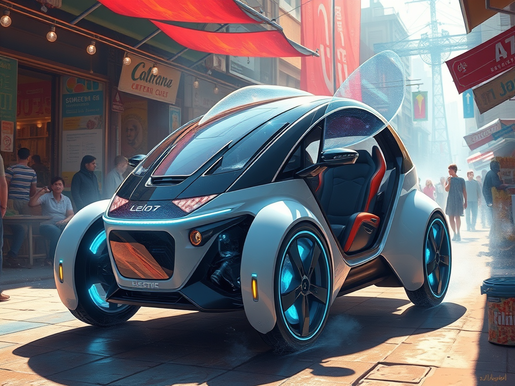 A futuristic electric vehicle with a sleek design and open door parked on a street, surrounded by pedestrians and colorful storefronts.
