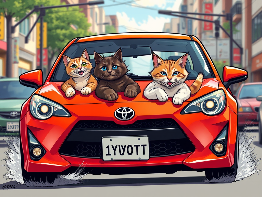An animated image of three cats lounging on the front of an orange Toyota car, driving through a city street.