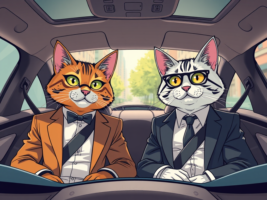 Two anthropomorphic cats dressed in formal attire sitting in the front seats of a car, with a cityscape visible outside.