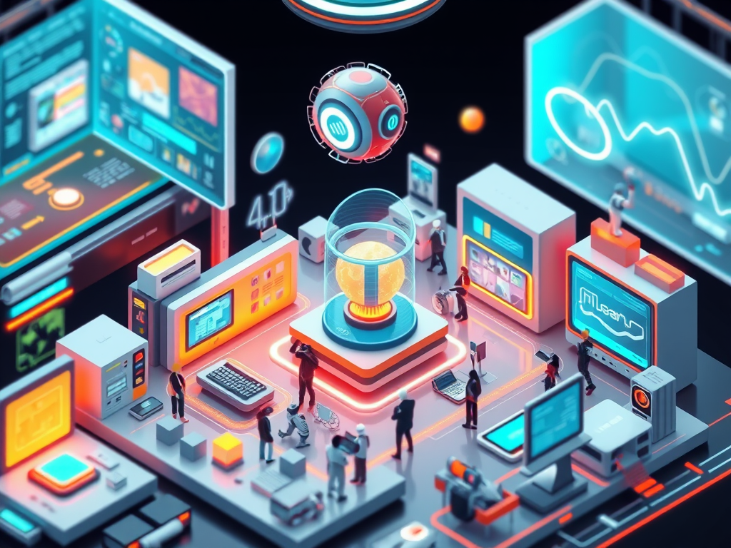 A futuristic digital workspace featuring interactive screens, holographic displays, and various technology devices. Several individuals engage with the technology, while a glowing orb hovers above a central display.