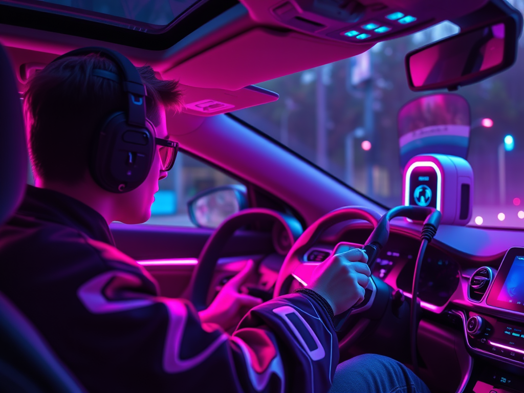 A young person wearing headphones sits in a modern car, driving with a focused expression. The interior is lit with vibrant purple and blue lights, creating a high-tech atmosphere.