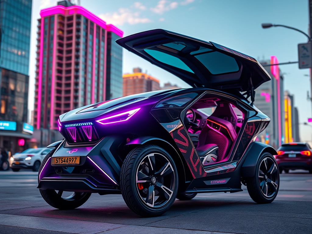 A futuristic electric vehicle with a sleek design and butterfly doors, showcasing vibrant purple accents and stylish interior, parked in a cityscape with illuminated buildings.